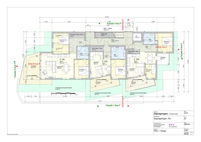 Etasjeplan (Plan 1. Etasje) for et boligprosjekt med romfordeling, mål og fasadeindikasjoner.
