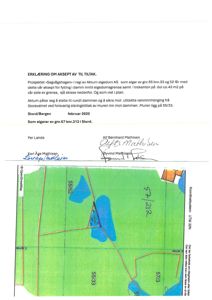 Situasjonsplan som viser eiendomsgranser (gnr./bnr.), vannareal (dammen) og en planlagt fylling eller sikringstiltak.