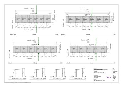 Fasadetegninger for bygningen sett fra fire ulike sider (A, B, C, D, E, F) med mål og romfordeling.