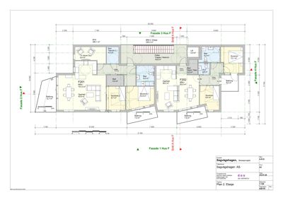 Etasjeplan (Plan 2. Etasje) som viser romfordeling, mål og fasader for et hus.