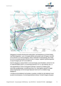 Situasjonsplan som viser avrenningsløyper (turkise linjer) på et tomt med eksisterende og planlagt bebyggelse, inkludert parkeringsplasser og vegforhold.
