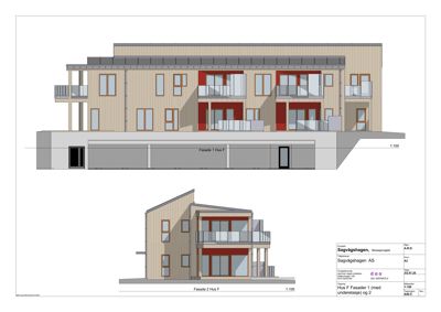 Fasadetegning som viser oppriss av bygningens ytre utseende sett fra to ulike vinkler (Fasade 1 og Fasade 2).