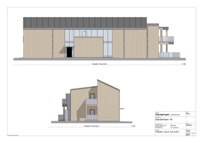 Fasadetegning som viser oppriss av bygningens ytre utseende fra to ulike vinkler (Fasade 3 og Fasade 4).