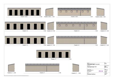 Fasadetegninger som viser utsiden av en bygning (eller flere varianter) sett fra fire ulike vinkler (Fasade 1-4) for ulike etasjer eller seksjoner (A-F).