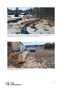 Fotografier av tømmerarbeid på en gård, inkludert ryting av tømmer og kopiering av trapesform.