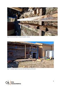 Fotografier som viser et byggprosjekt i gang, inkludert detaljer på tømmer og en hjelpergutt som løfter en stokk.