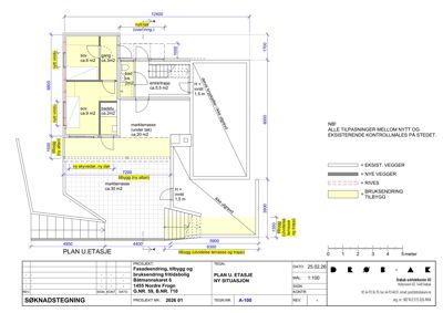 Etasjeplan (PLAN U. ETASJE) som viser romfordeling, dimensjoner og endringer i en bygning.