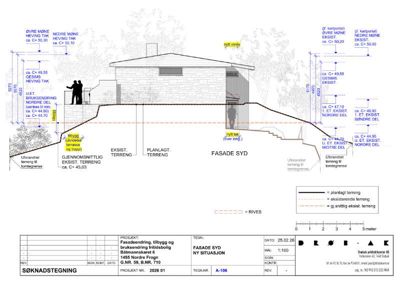 Fasadetegning (Fasade Syd) som viser bygningens utseende, høyder, terrengforhold og eksisterende/planlagte forhold.
