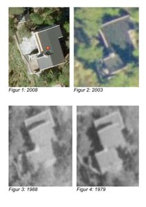 Bildet viser en historisk sammenligning av flyfotoer (satellittbilder) av en tomt og en bygning over tid (1979, 1988, 2003, 2008).