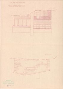 Tegning som viser fasadeopprikk for en bygning sett fra to sider (mot syd og mot vest).