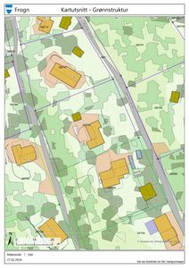 Kartutsnitt som viser eiendomsgrenser, vegnett og grønnstruktur i Frogn kommune.