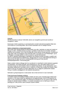 Kartutsnitt fra byggesak som viser eiendommen Båtmannskaret 6, 1455 NORRE FROGN, med overlagte arealer (gult, grønt, blått) og veier. Kartet er brukt i en kommunal vurdering av dispensasjonssøknad.