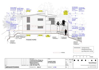 Fasadetegning (FASADE NORD) som viser bygningens utvendige profil, høyder, terrengforhold og vindusoppsett.