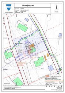 Situasjonskart som viser eiendommen med eksisterende og planlagt bygninger, bruksendringer, og tilhørende arealer.