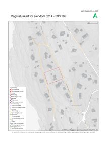 Vegstatuskart for eiendom 3214 - 59/710// som viser vegnett, topografi og eiendomsområde.
