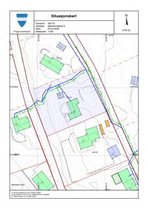 Situasjonskart som viser eiendomsgrenser, topografi og naboeiendommer for Båtmannskaret 6.