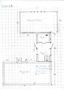 Håndskrevet etasjeplan for underetasje (krypkjeller) med romfordeling (vedbod/uthus, rotte, trappe) og mål.