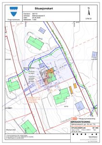 Situasjonskart som viser eiendommen med eksisterende og planlagt bygninger, bruksendringer, og tilhørende arealer.