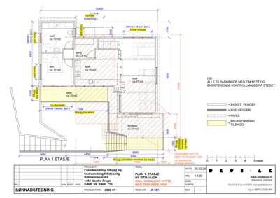 Etasjeplan for 1. etasje som viser romfordeling, dimensjoner og endringer i forhold til eksisterende bygg.