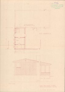 Bildet viser en tegning med etasjeplan for underetasjen (PLAN UNDERETASJE) og en fasade tegning (MOT VEST) av en hytte.