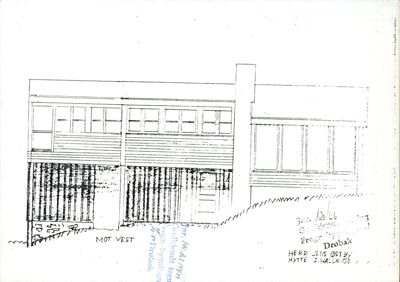 Tegning av bygningens fasade sett fra vest (mot vest).