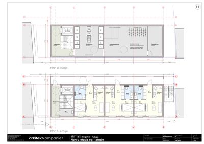 Plantegning som viser romfordeling og dimensjoner for 1. etasje og U-etasje.