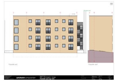 Fasadetegning som viser bygningens utseende sett fra syd og vest.