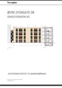 Bildet viser en tegning med en fasadeoppvisning (Fasade nord) og et tverrsnitt (Tysk snitt) av en bygning.