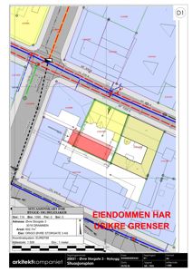 Situasjonsplan som viser eiendomsgranser, naboeiendommer og bygningers plassering i forhold til veier.