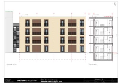 Bildet viser en fasadetegning av en bygning sett fra nord, med en tilhørende typisk snitttegning på høyre side.