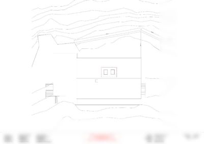 Fasadetegning som viser bygningens utseende fra en bestemt vinkel, inkludert vinduer, trapper og terrengforhold.