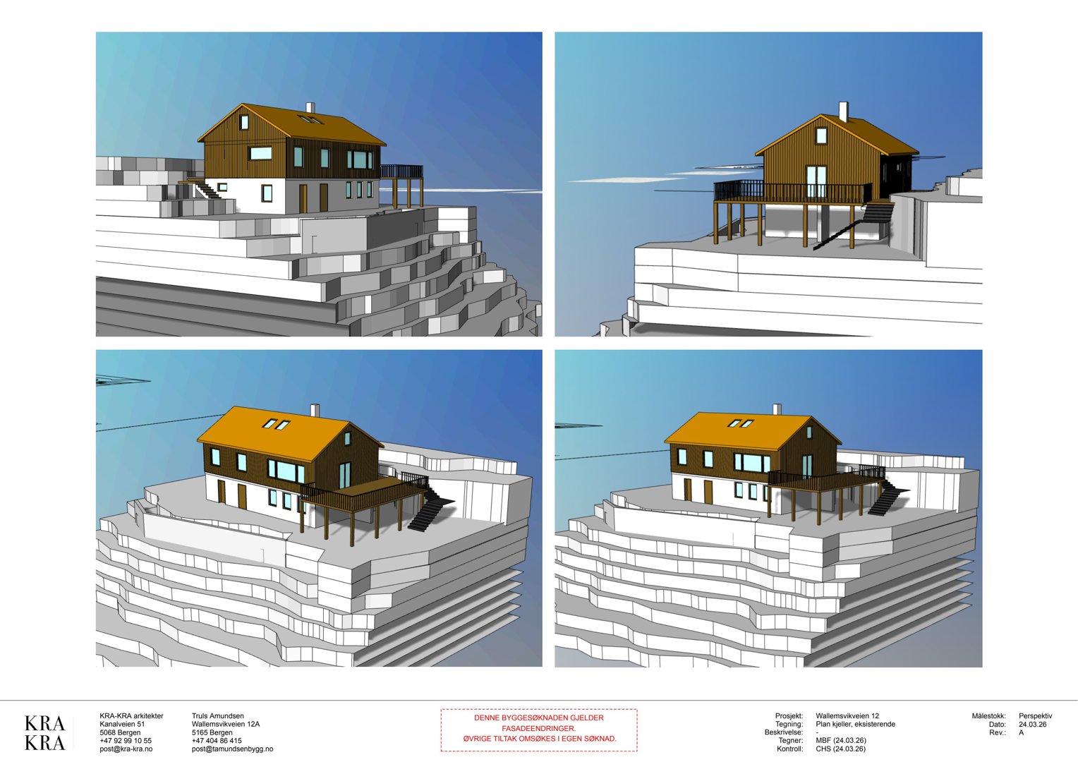En 3D-visualisering (rendering) som viser en husmodell plassert på et terreng med trinn. Bildet inneholder fire ulike perspektiver på samme bygning.