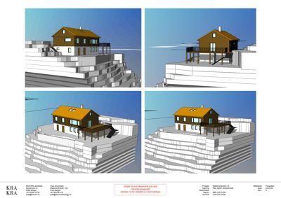En 3D-visualisering (rendering) som viser en husmodell plassert på et terreng med trinn. Bildet inneholder fire ulike perspektiver på samme bygning.