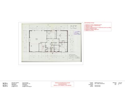 Etasjeplan med romnummerering, dimensjoner og en liste over tekniske endringer.