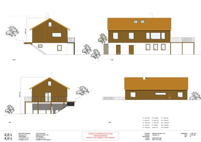 Fasadetegning som viser bygningens utseende fra fire sider (Nord, Vest, Sør, Øst) med vindus- og døråpninger, takform og materialvalg.