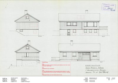 Fasadetegning som viser bygningens utsyn fra fire sider (Nord, Vest, Sør, Øst) med endringsmerking.