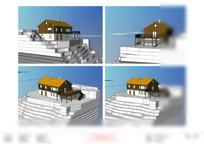 En 3D-visualisering (rendering) som viser en husmodell plassert på et terreng med trinn. Bildet inneholder fire ulike perspektiver på samme bygning.