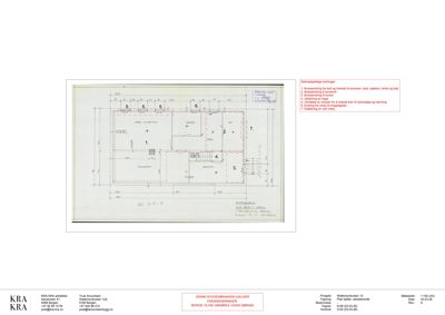 Etasjeplan med romnummerering, dimensjoner og en liste over forslag til endringer.