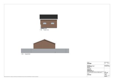 Fasadetegning som viser oppriss av en garasje sett fra vest og nord.