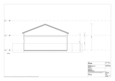 Snittegning (Snitt B) av en garasje som viser høyder og konstruksjon.