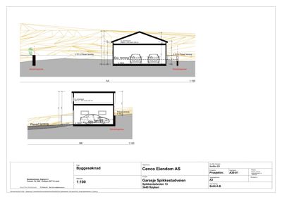Snittegning (AA og BB) som viser tverrsnitt gjennom en garasje med dimensjoner, terrenghøyder og parkeringsplasser.