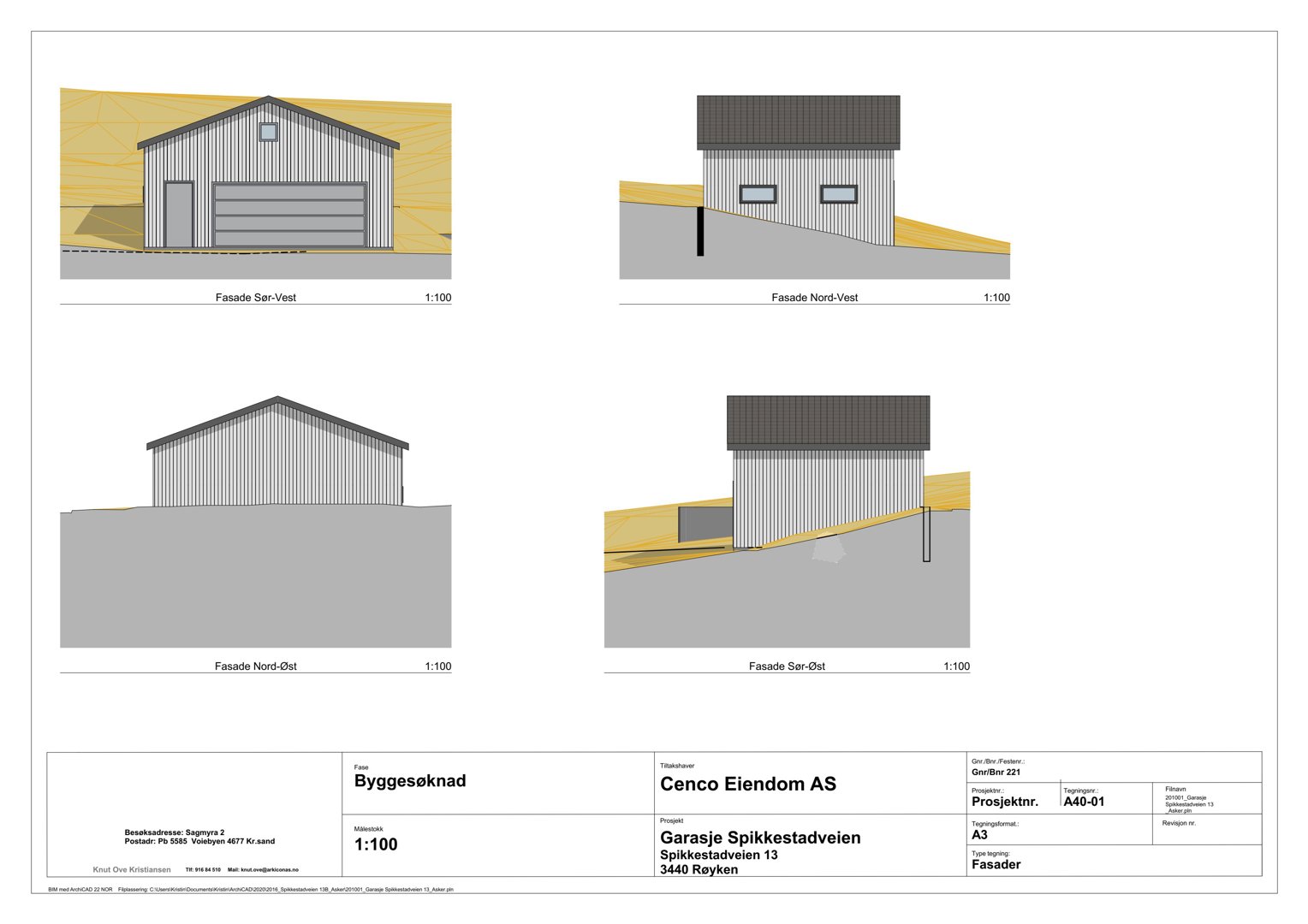 Fasadetegning som viser fire utsnitt av en garasje sett fra forskjellige vinkler (Sør-Vest, Nord-Vest, Nord-Øst, Sør-Øst).