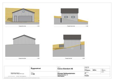 Fasadetegning som viser fire utsnitt av en garasje sett fra forskjellige vinkler (Sør-Vest, Nord-Vest, Nord-Øst, Sør-Øst).