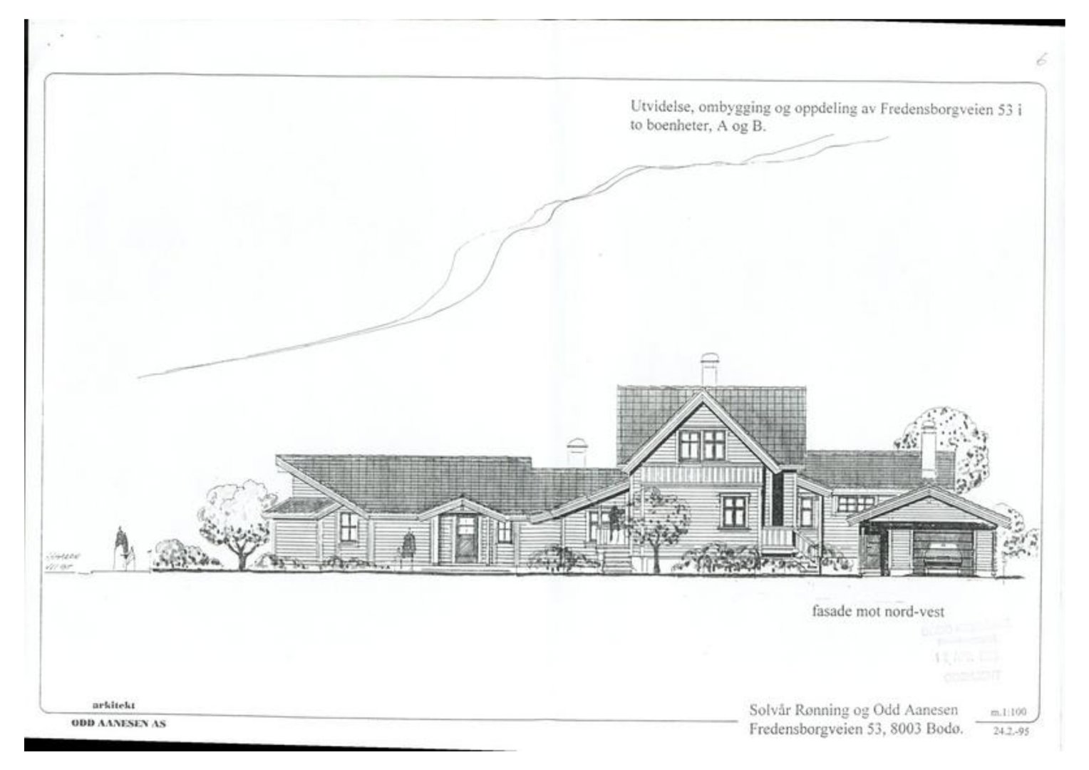 Fasadetegning (opprikk) av en bygning sett fra nord-vest.