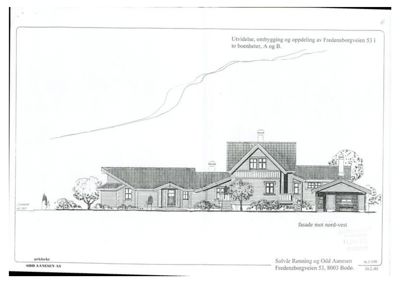 Fasadetegning (opprikk) av en bygning sett fra nord-vest.