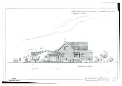 En tegning som viser fasaden mot nord-øst for en bygning på Fredensborgveien 53, inkludert detaljer om utvidelse og ombygging.