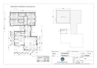 Etasjeplan (plantegning) som viser romfordeling, dimensjoner og arealoppdeling for en bolig.