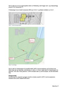 Bildet viser en situasjonsplan (Figur 1) og et vann- og avløpsanlegg (Figur 2) for eiendommen gbr 87/32 Nesseheia 17. Det er også inkludert tekst om søknad om riving, dispensasjon og planleggingsgrunnlag.