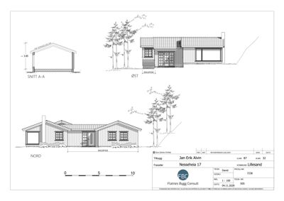 Fasadetegning som viser bygningens utseende fra nord og øst, inkludert snitt A-A.