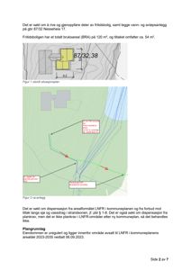 Bildet viser to situasjonsplaner (Figur 1 og Figur 2) som illustrerer tomtens beliggenhet, bygningens plassering, vann- og avløpsanlegg, samt grenser til nabotomter og vassdrag.